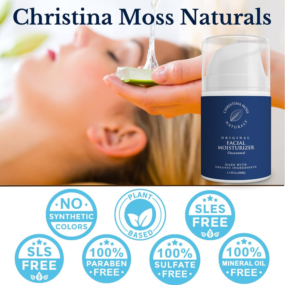 Christina Moss Naturals Original Moisturizer hands-neck use shows versatile, aloe-based care beyond the face.