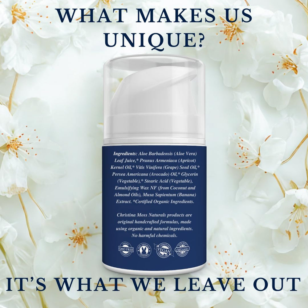 Christina Moss Naturals Original Moisturizer ingredients chart highlights plant-based, clean nourishment.