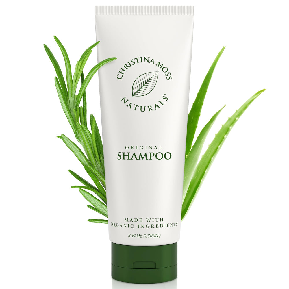 Christina Moss Naturals Shampoo bottle-pump shows unscented formula for gentle cleansing on sensitive scalps.