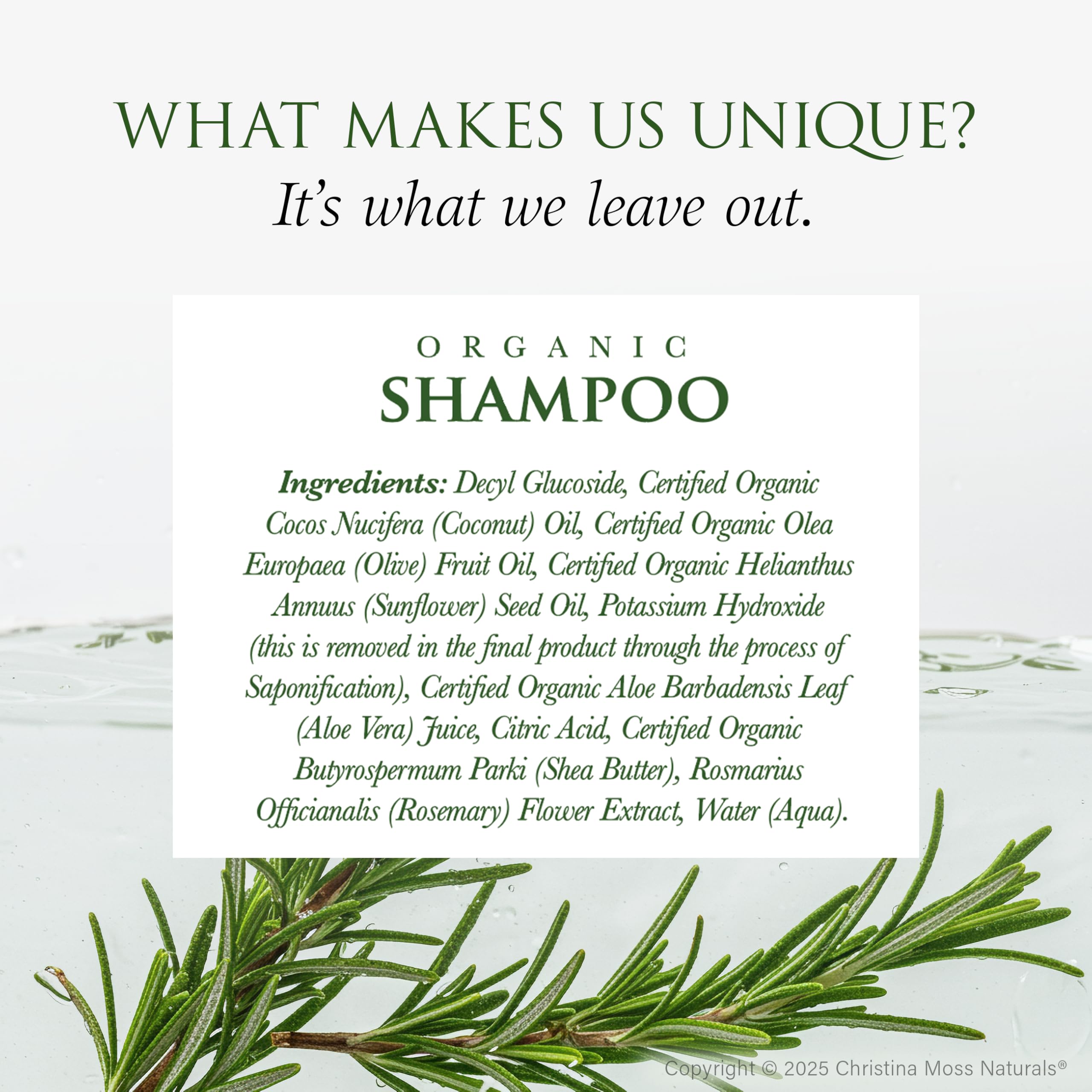 Christina Moss Naturals Shampoo creamy-lather demonstrates gentle cleansing with plant-based ingredients.