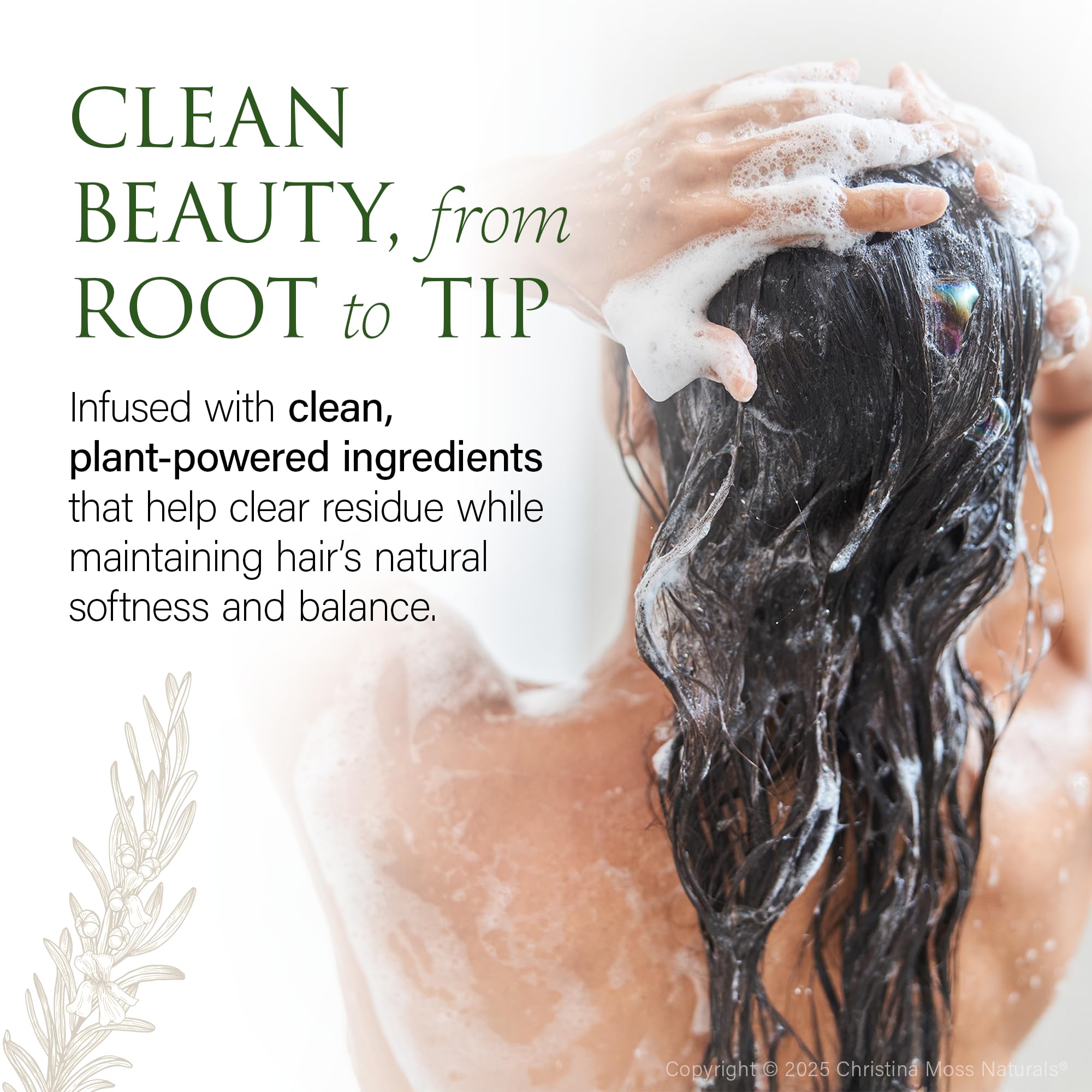 Christina Moss Naturals Shampoo hair-closeup highlights color-safe, mild formula for sensitive scalps.