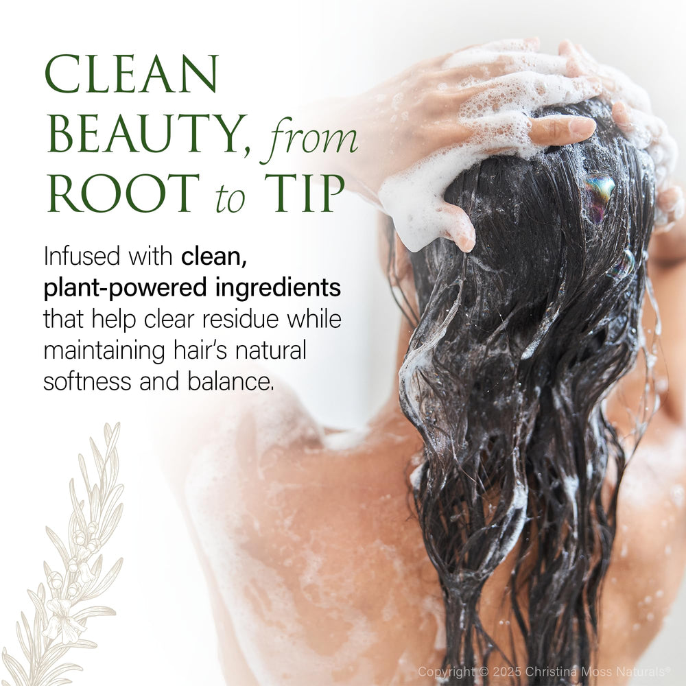 Christina Moss Naturals Shampoo hair-closeup highlights color-safe, mild formula for sensitive scalps.