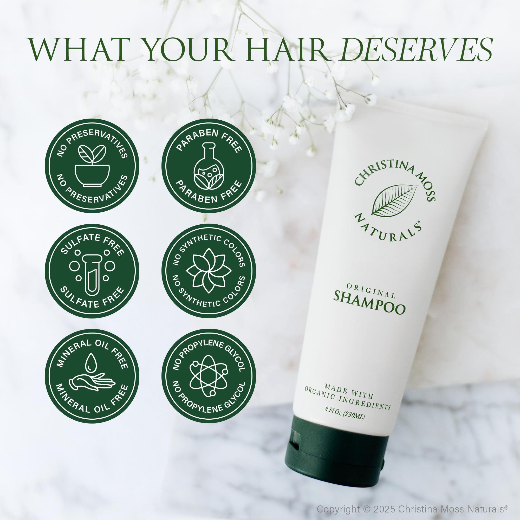 Christina Moss Naturals Shampoo unscented-label bottle suitable for fragrance-free routines.