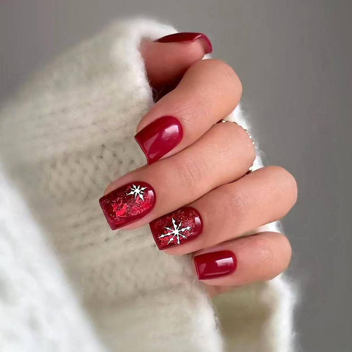 Christmas Press On Nails glossy red snowflake design for a quick holiday manicure