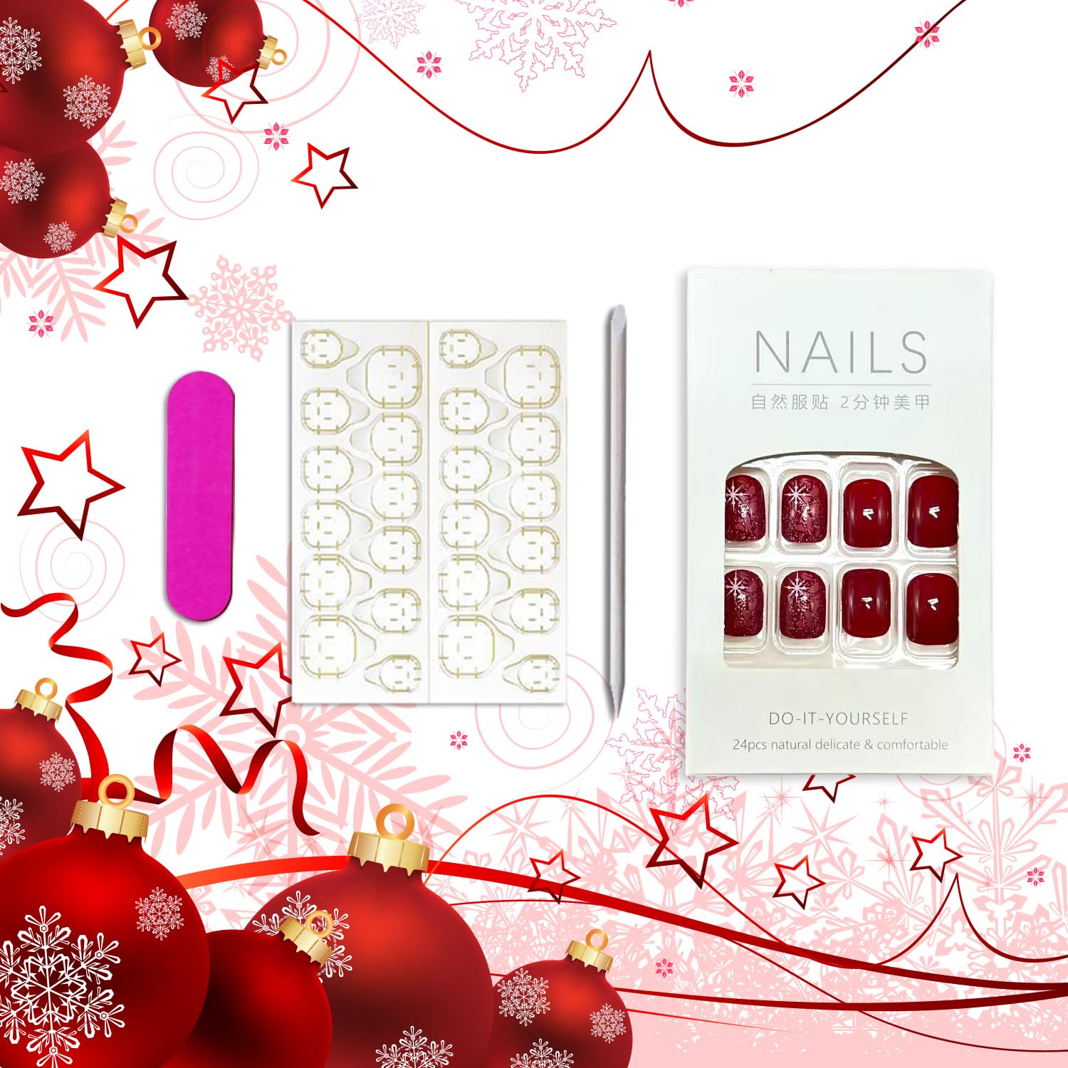 Christmas Press On Nails mini file and wooden stick included for quick shaping