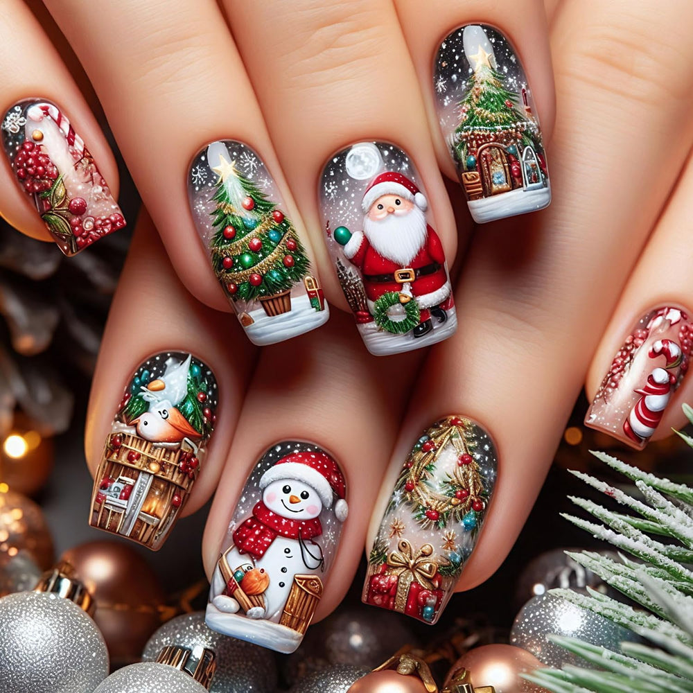 Christmas Press on Nails Santa Claus design for instant festive glam at home.