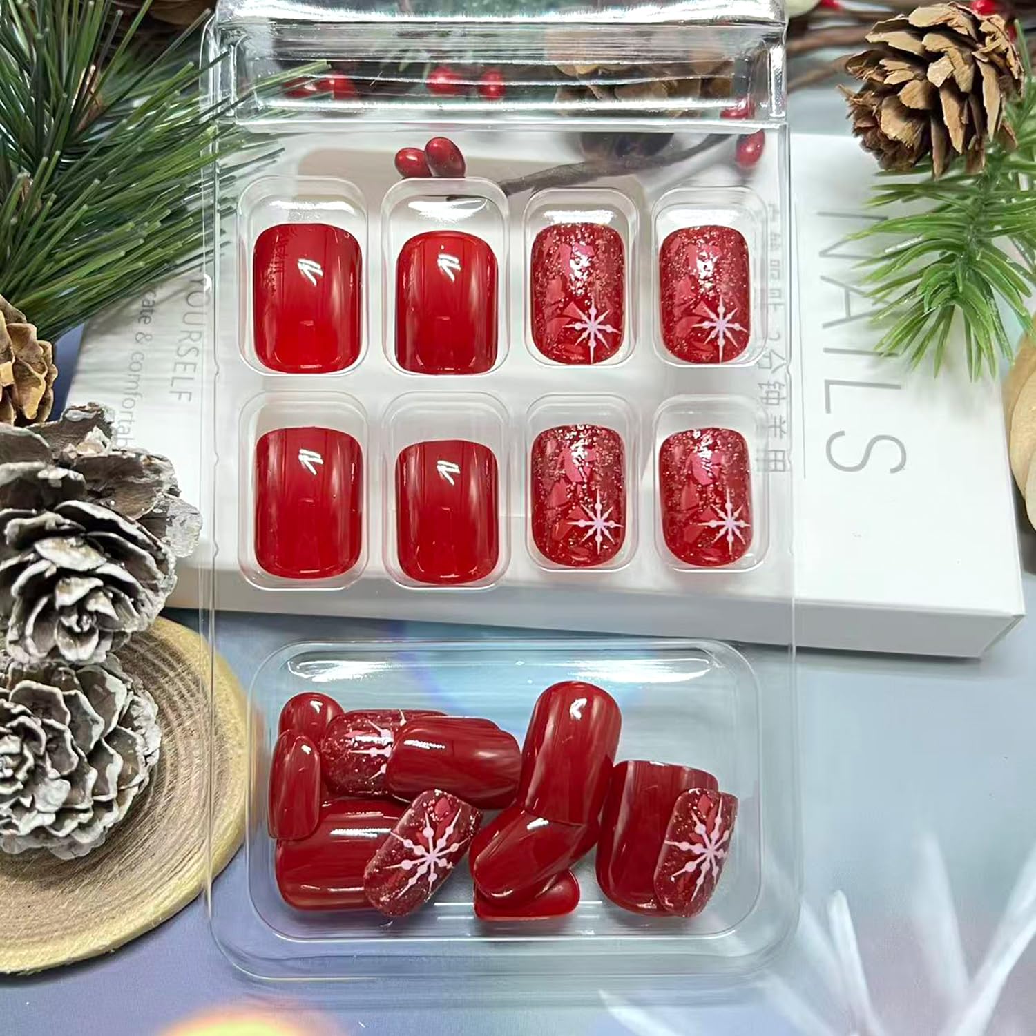 Christmas Press On Nails snowflake design close-up showing glossy finish for a festive look