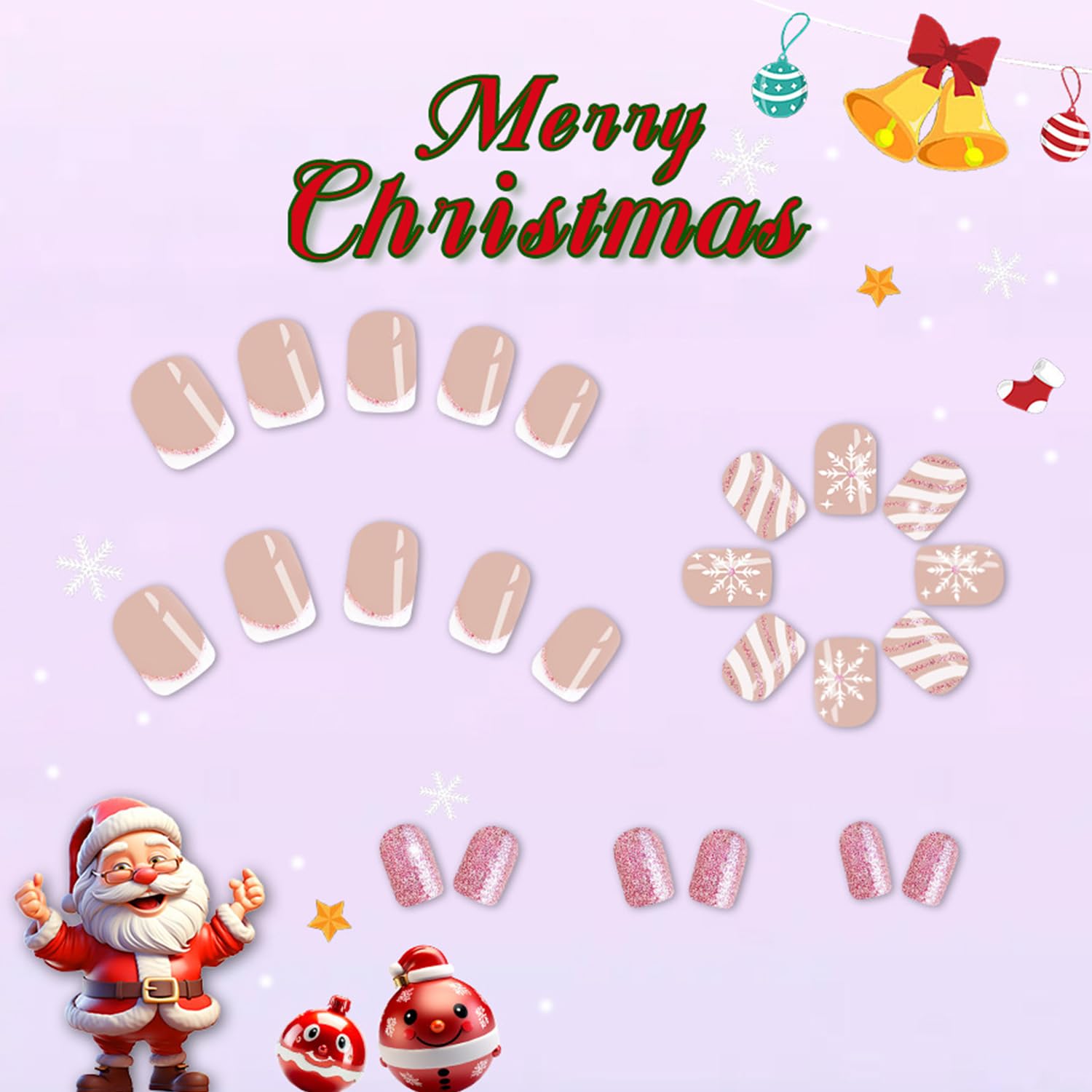 Christmas press on nails stripe French tip for chic seasonal glamour.