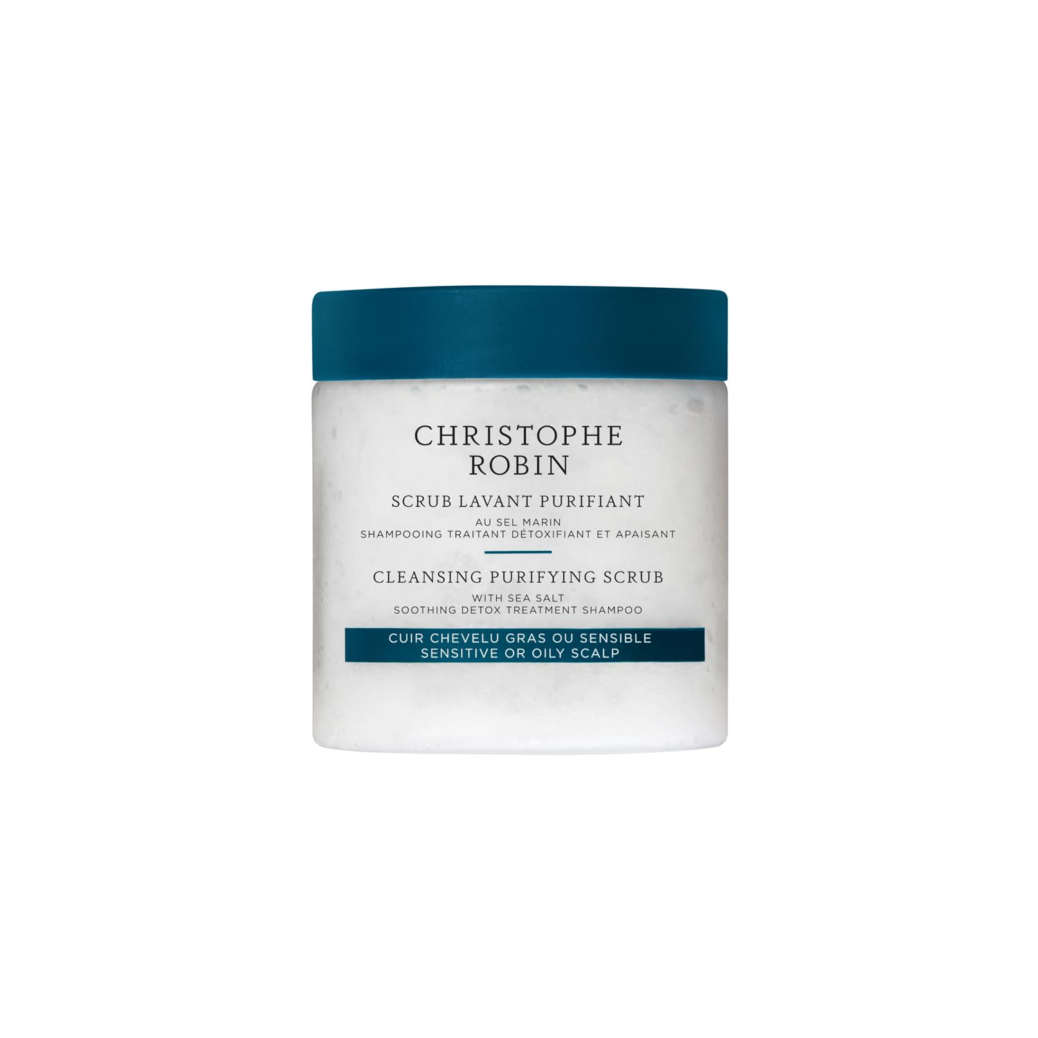 Christophe Robin cleansing purifying scrub sea salt bottle close-up highlights detox cleansing benefits.