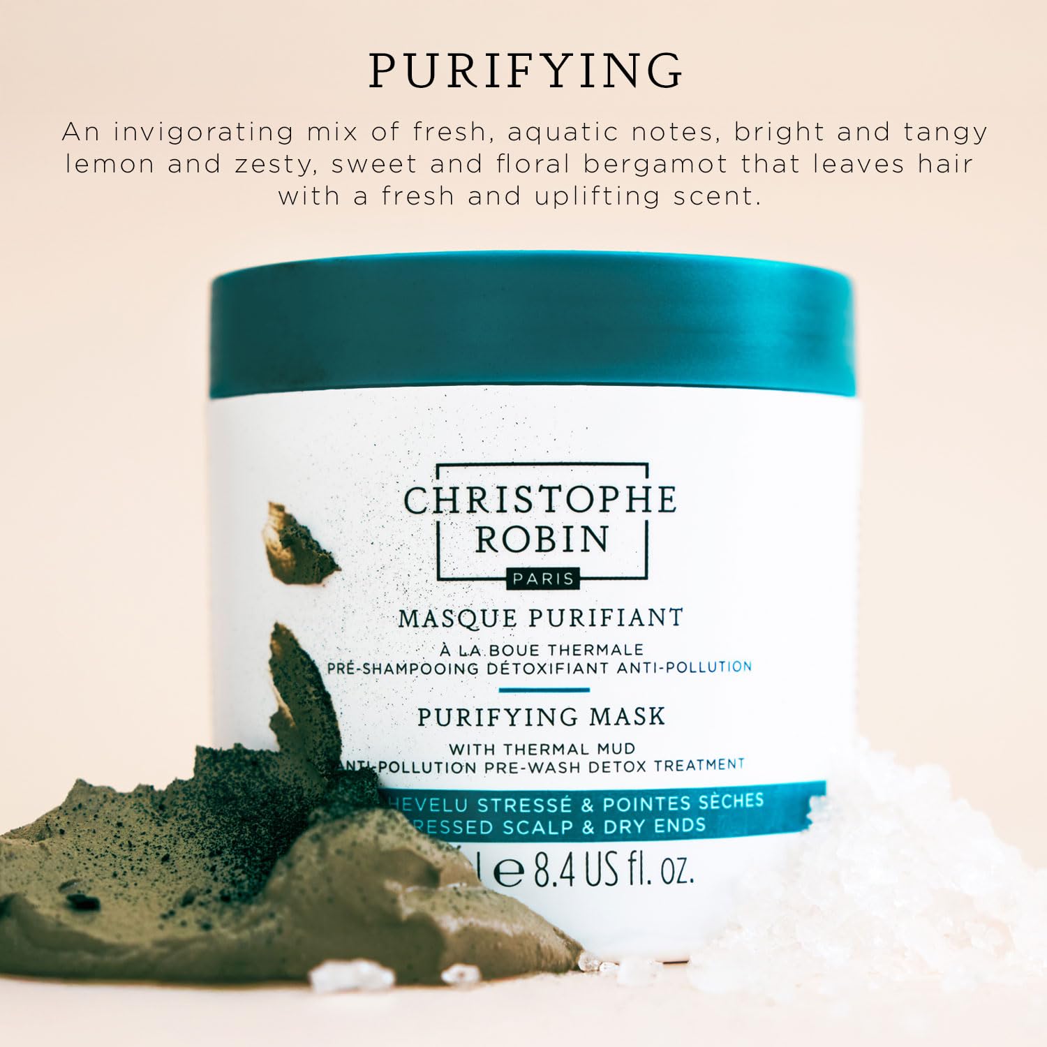 Christophe Robin sea salt texture close-up emphasizes gentle scalp exfoliation.