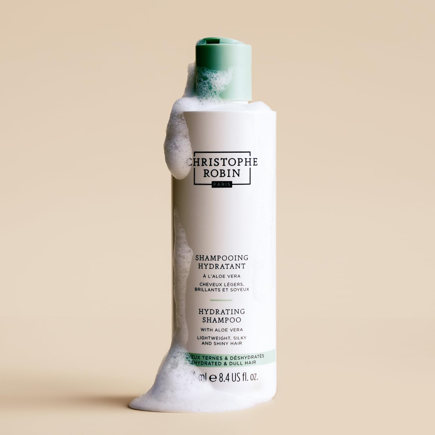 Christophe Robin Hydrating Shampoo flaxseed-oil detail showcases resilience and elasticity benefits.