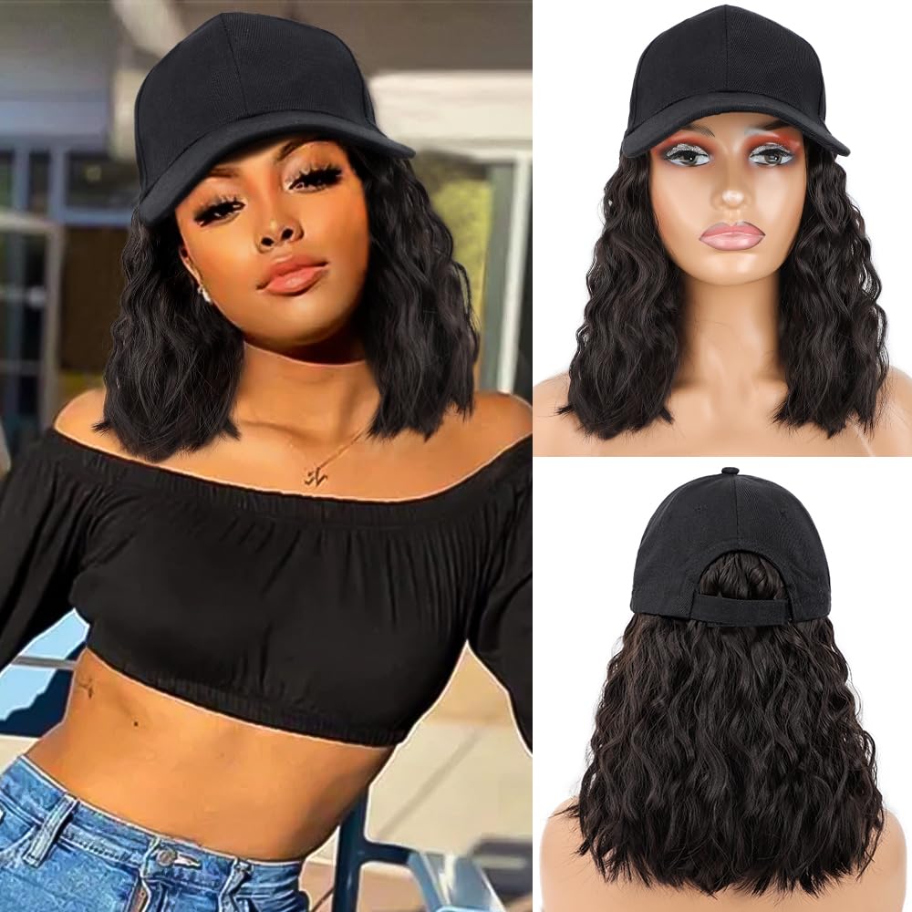 CHRSHN hat wig front view with short wave curls for everyday style.