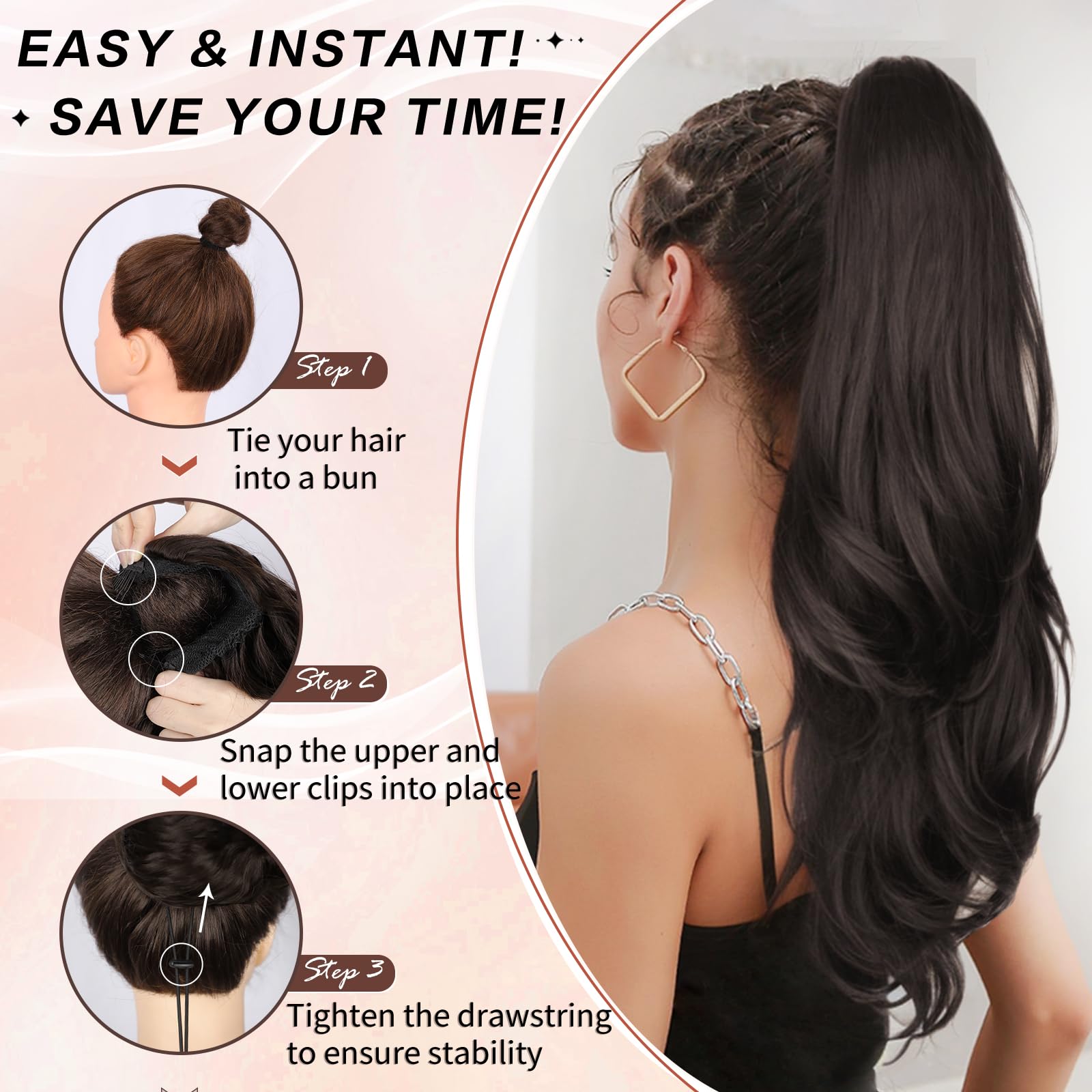 CHRSHN pony tail extension dark brown color matches warm-toned hair.