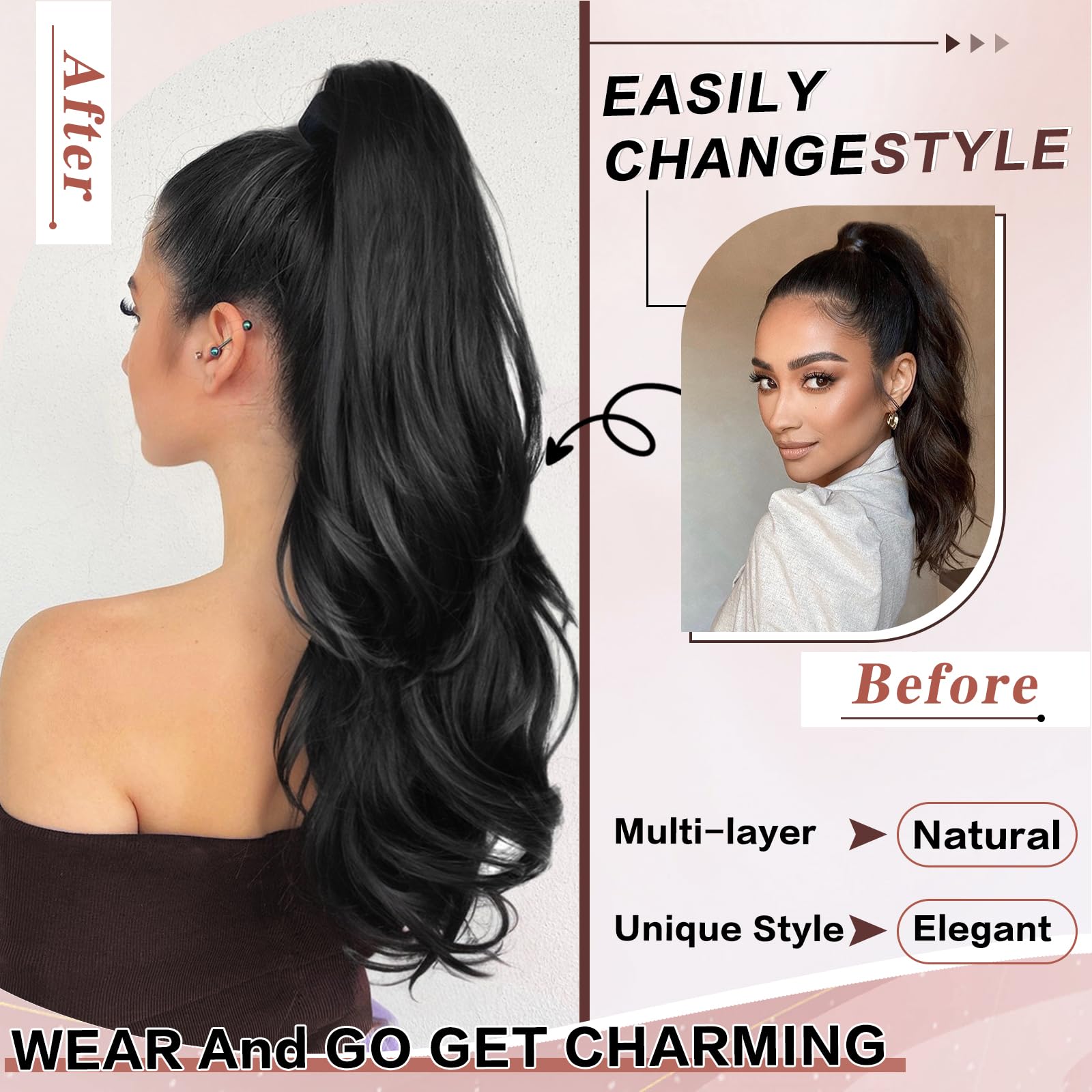 CHRSHN ponytail extension long black wavy layered look enhances daily hairstyles.