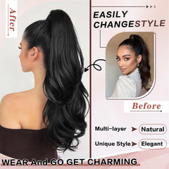 CHRSHN ponytail extension long black wavy layered look enhances daily hairstyles.