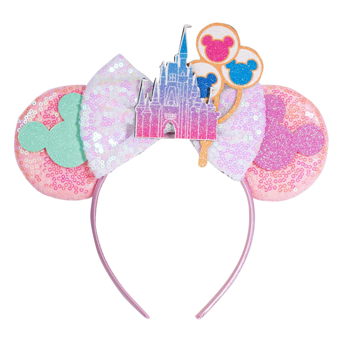 CHuangQi mouse ears headband with bow front view showcases double-sided sequins for party flair.