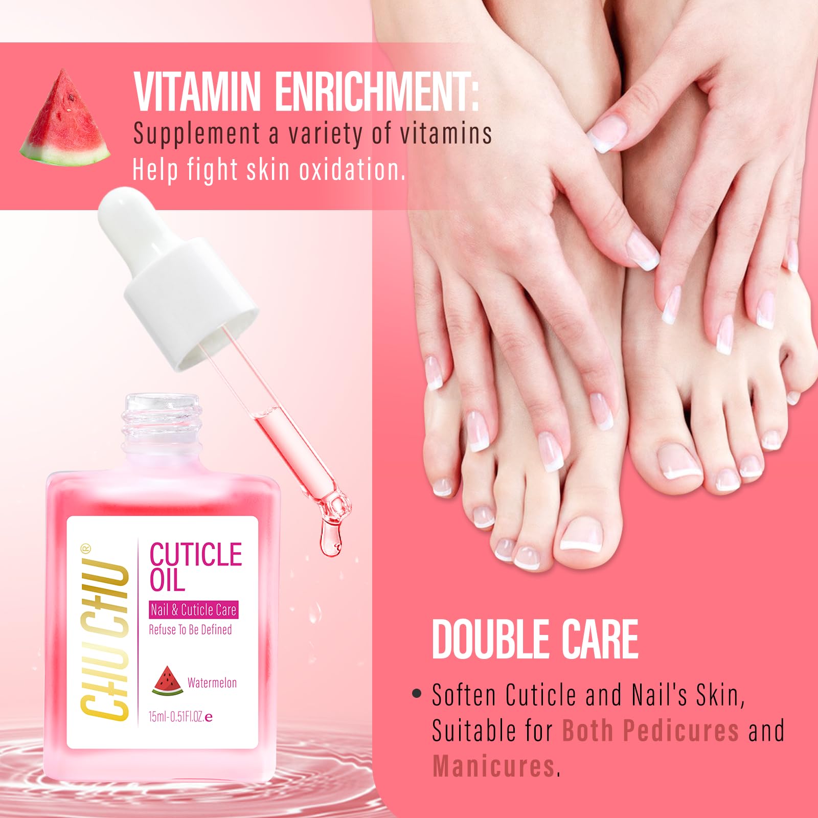 Chuchu cuticle oil on hands demonstrating quick-absorb formula