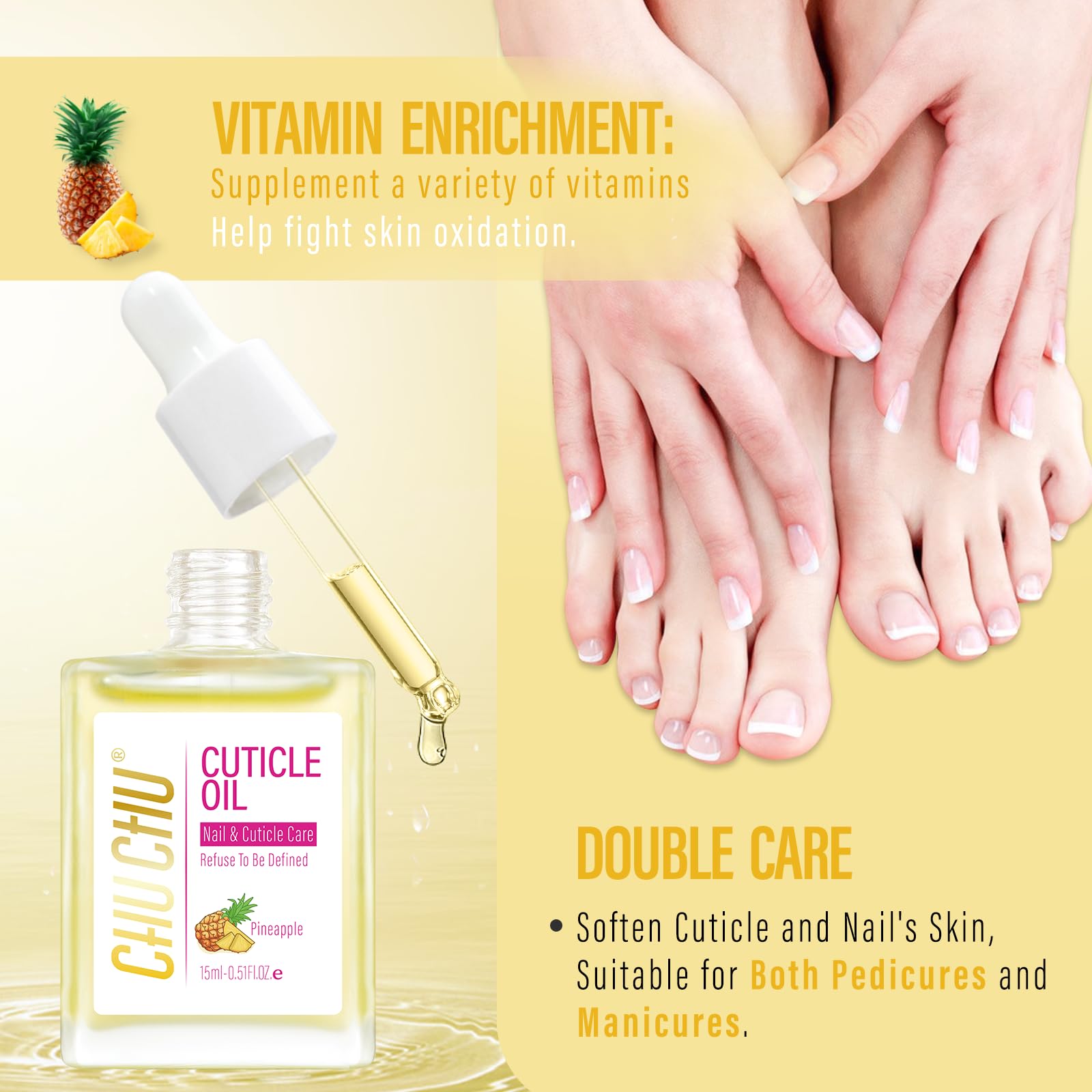 CHUCHU cuticle oil dropper-precision image demonstrating precise nourishment to nails.