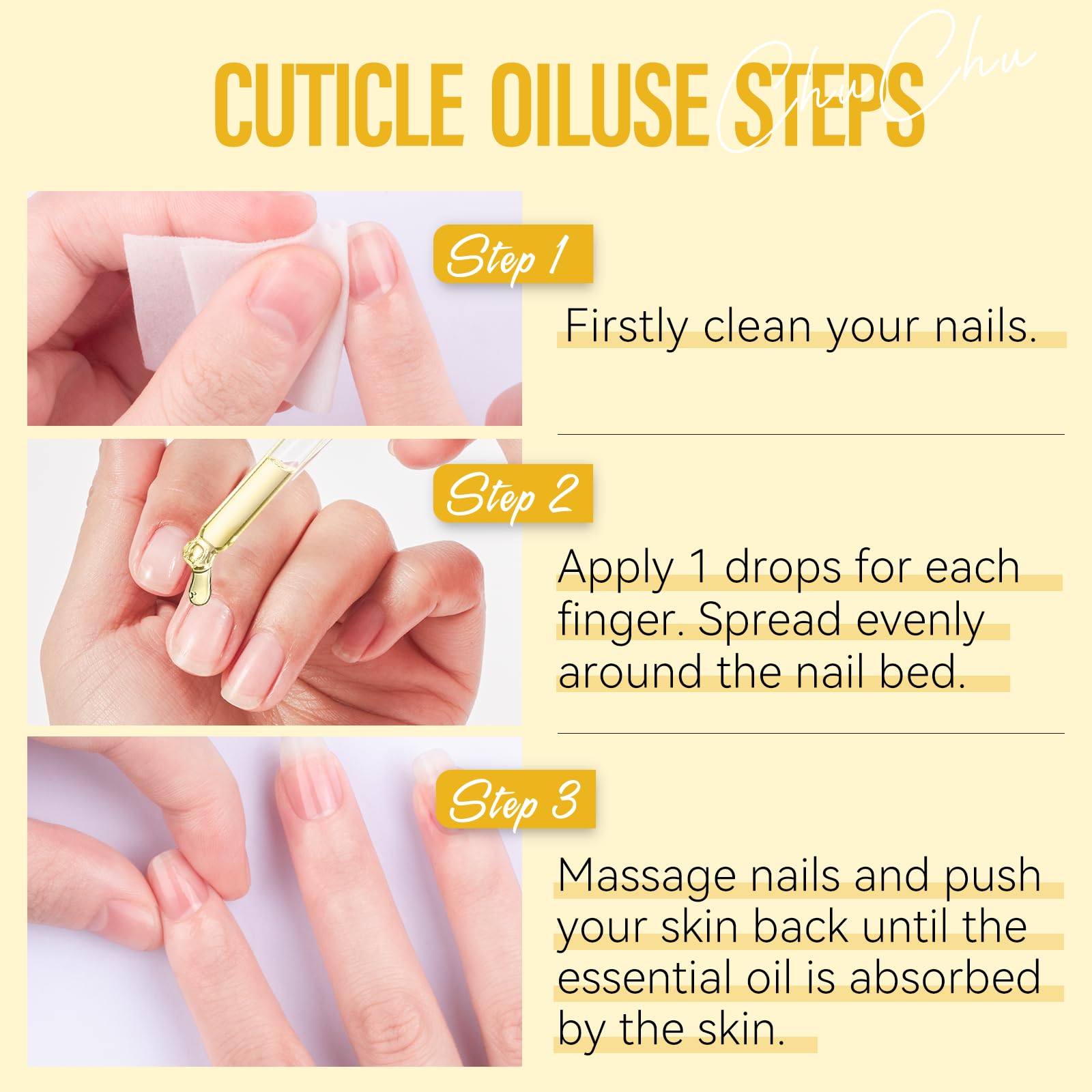 CHUCHU cuticle oil nails and hands hydration shot after manicure.