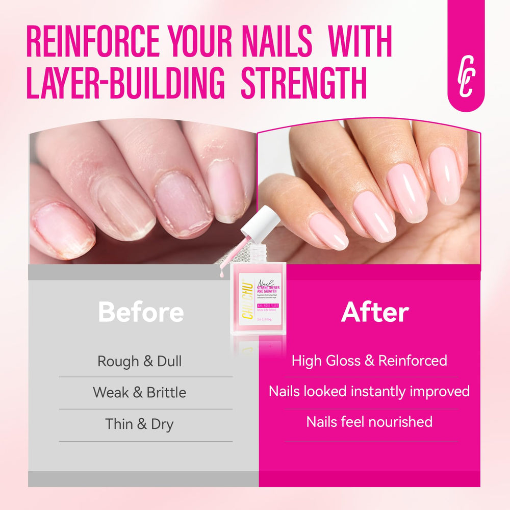 CHUCHU nail-strengthener application shot highlights base and top coat for smooth builds.
