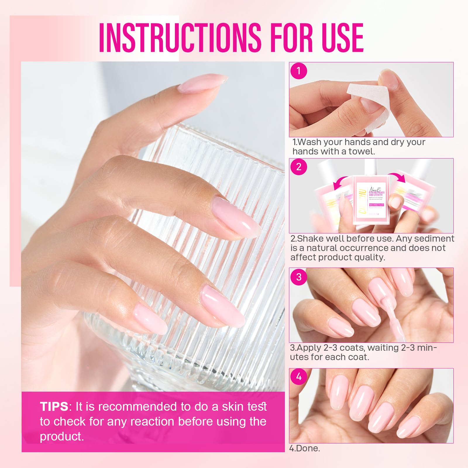 CHUCHU nail-strengthener close-up with brush applying even, glossy 8-in-1 formula.