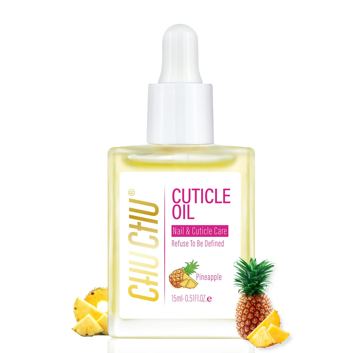 CHUCHU Organic Cuticle Oil pineapple bottle closeup for nourishing cuticles.