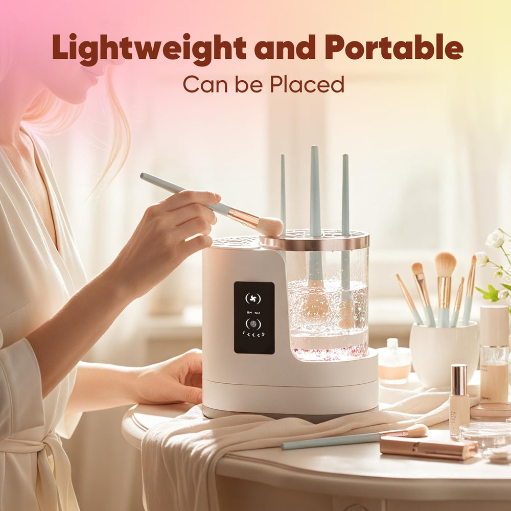 Chufa compact-size unit on vanity for travel-ready brush care.