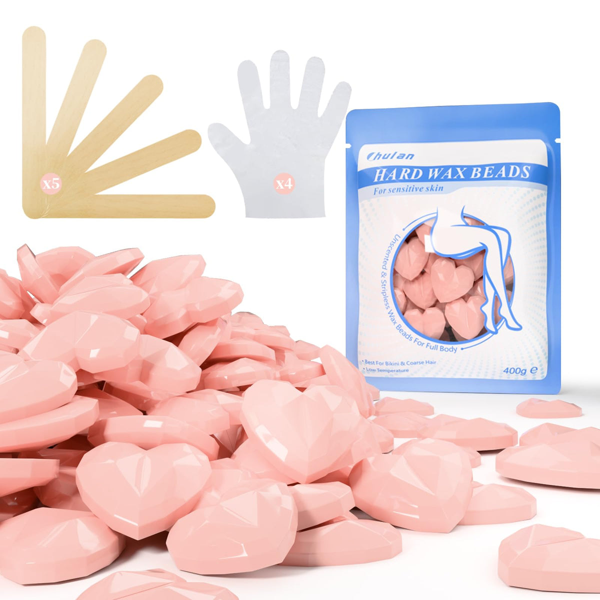 Chulan hard wax beads 400g heart packaging — fragrance-free for sensitive skin, ideal for at-home waxing.