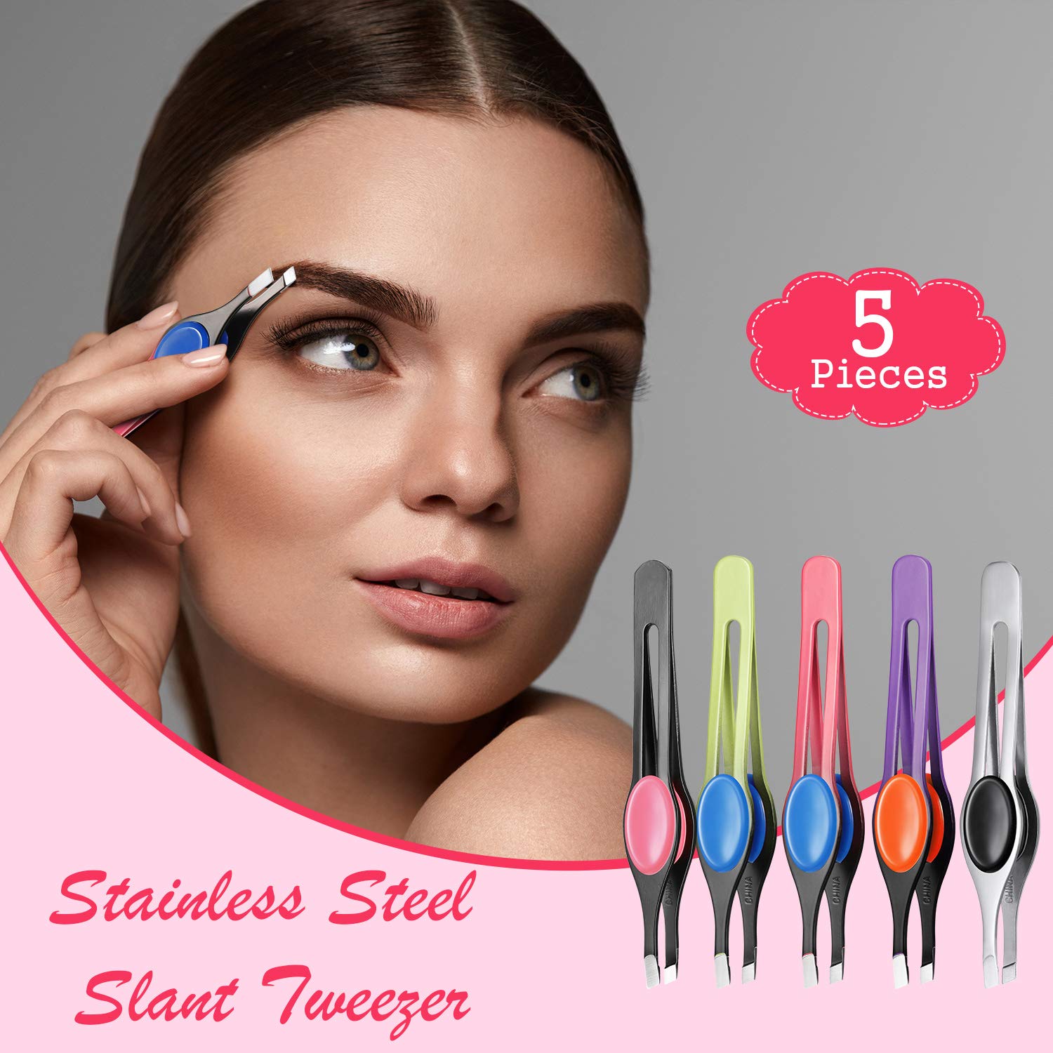 Chumia tweezers for eyebrow shaping shown with precise slanted tips.
