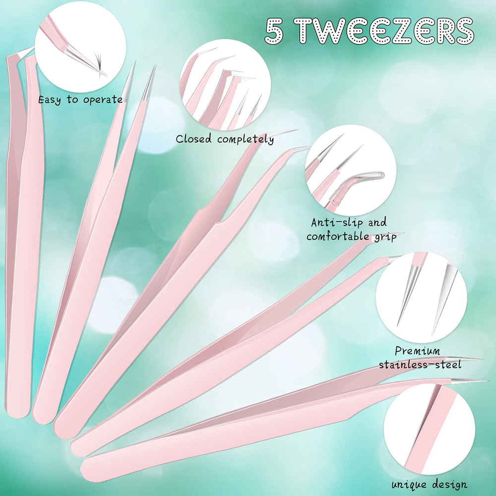 Chumia pink volume eyelash tweezers with curved tips for lash separation.