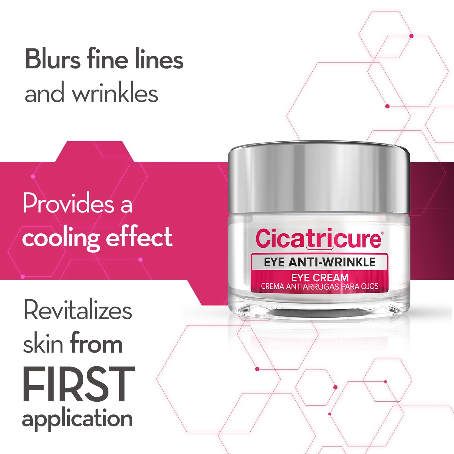 Cicatricure eye cream texture close-up highlights cooling gel for instant refreshment.