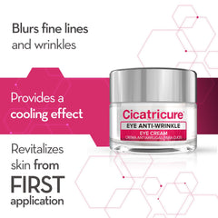 Cicatricure eye cream texture close-up highlights cooling gel for instant refreshment.