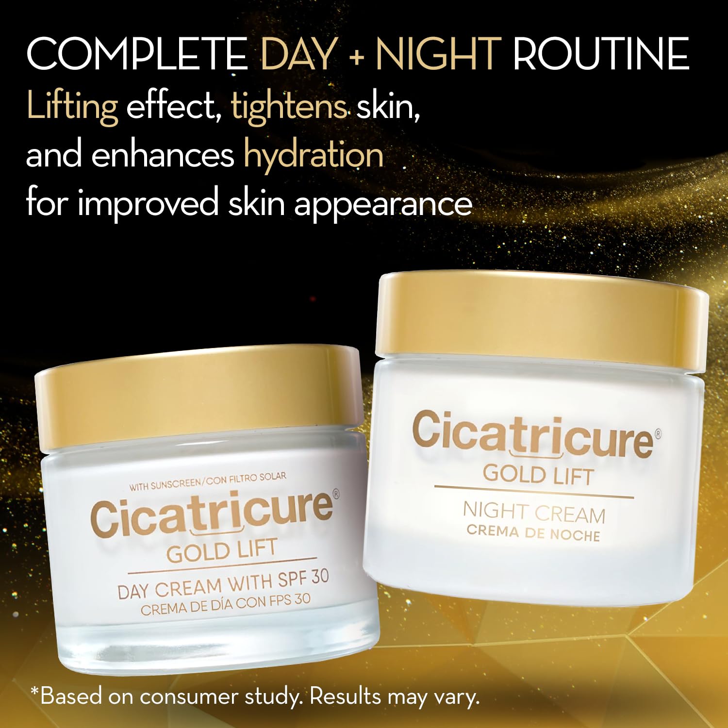 Cicatricure Gold Lift gift-pack packaging highlights a complete anti-aging routine.