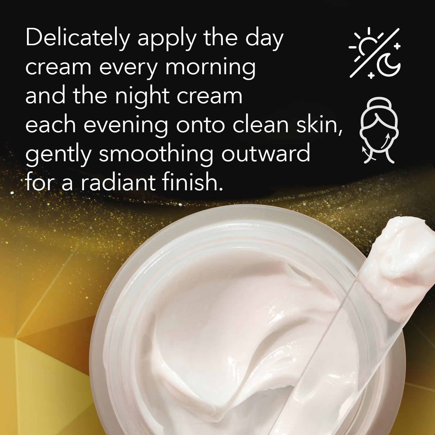 Cicatricure Gold Lift day-night routine in one visual demonstrates dual-action care.