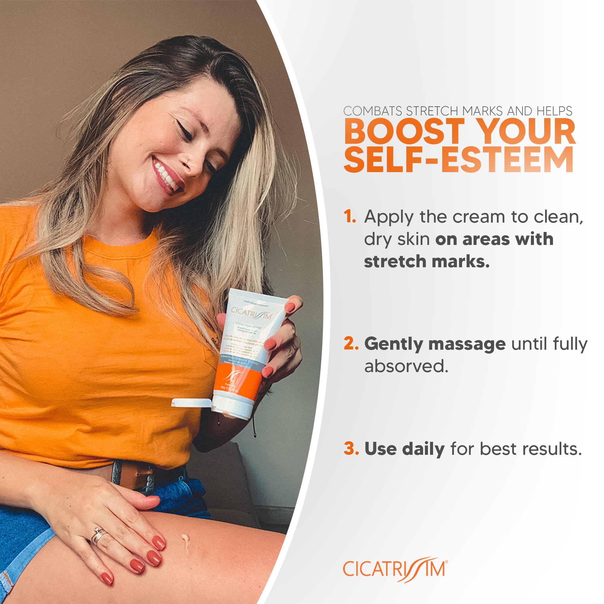 Cicatrissim stretch mark cream on arm shows improved skin tone and elasticity.