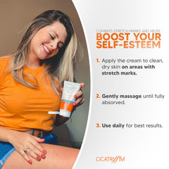 Cicatrissim stretch mark cream on arm shows improved skin tone and elasticity.