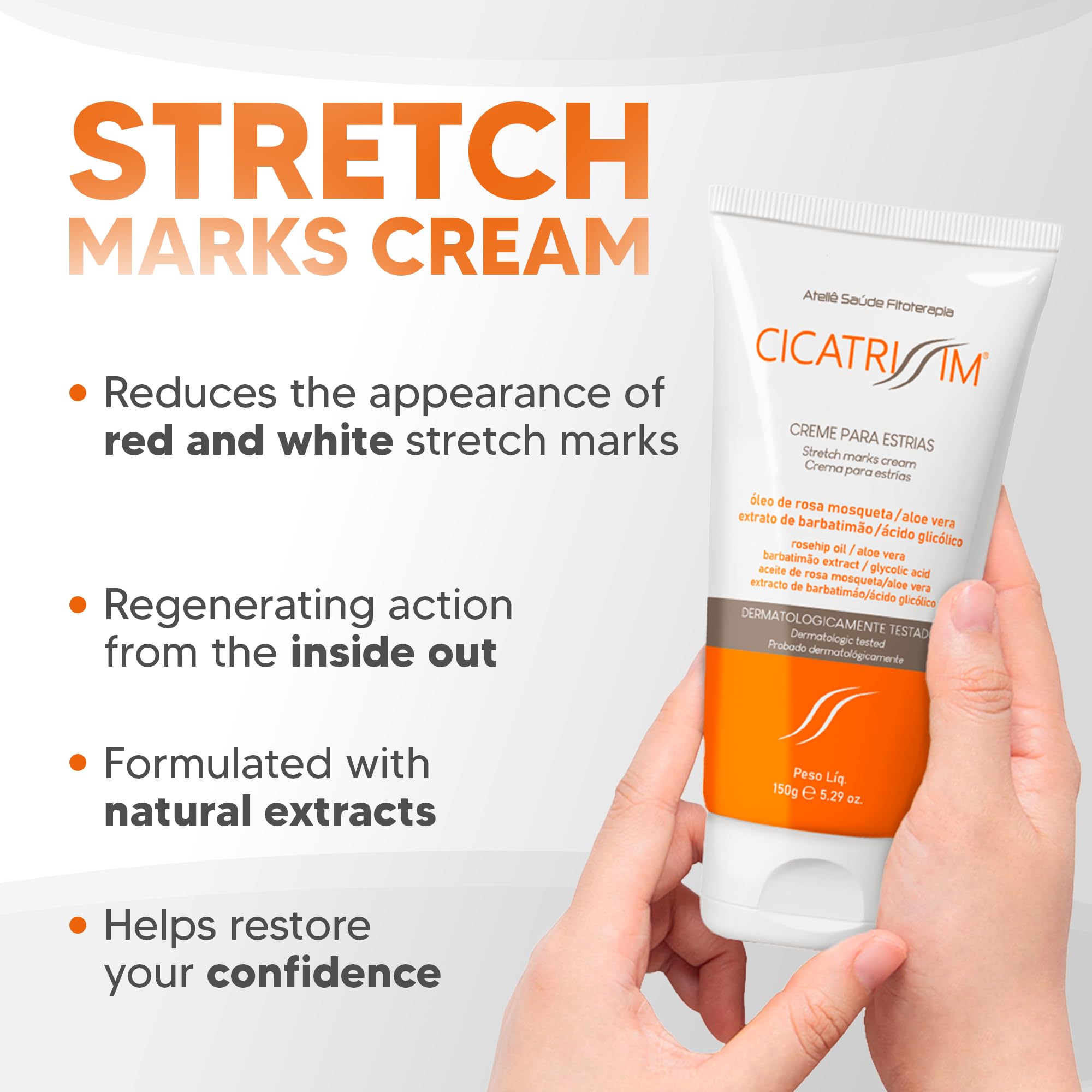 Cicatrissim stretch mark cream packaging on clean surface for daily skincare routine.