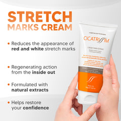 Cicatrissim stretch mark cream packaging on clean surface for daily skincare routine.