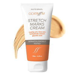 Cicatrissim stretch mark cream tube closeup shows smoother skin texture after regular use.