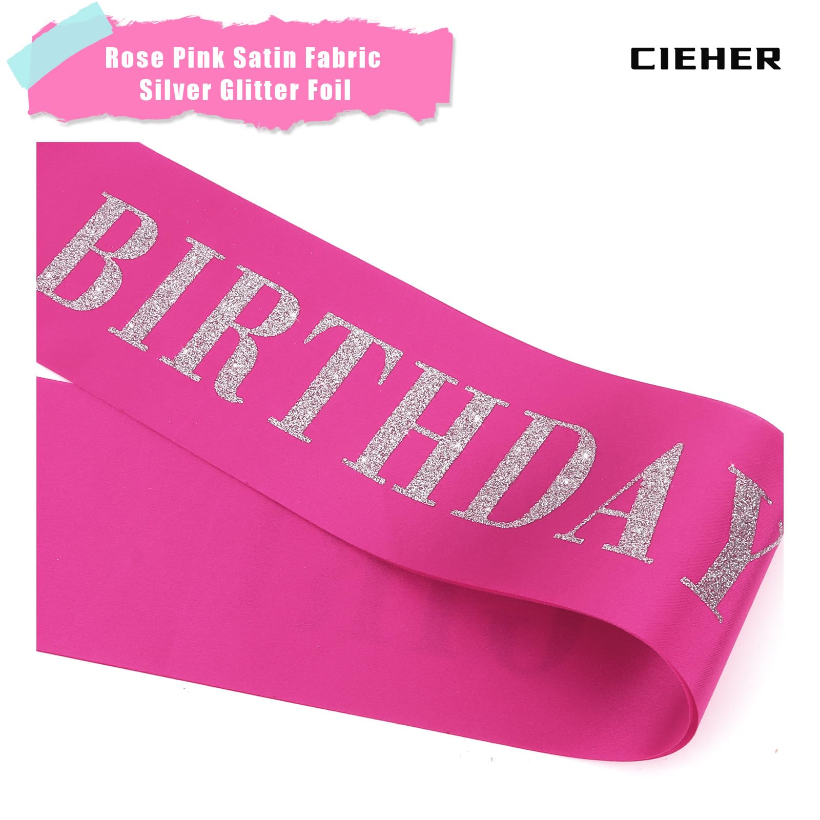 CIEHER birthday sash silver lettering shines in photos.