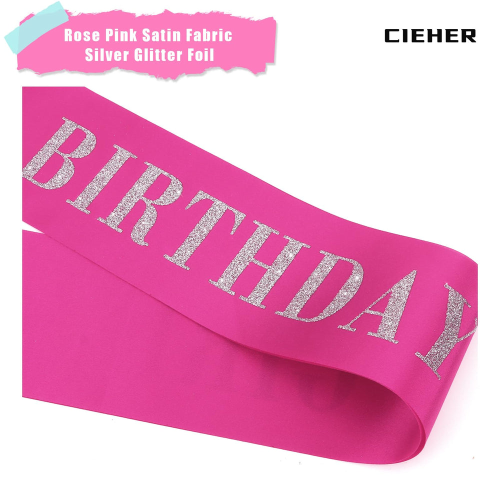 CIEHER birthday sash silver lettering shines in photos.
