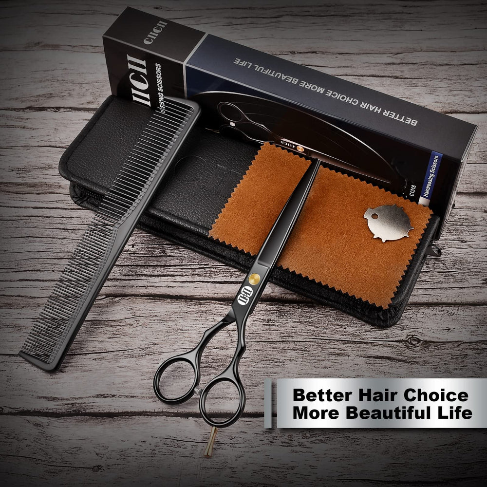 CIICII hair cutting scissors gift pack includes leather bag and accessories.