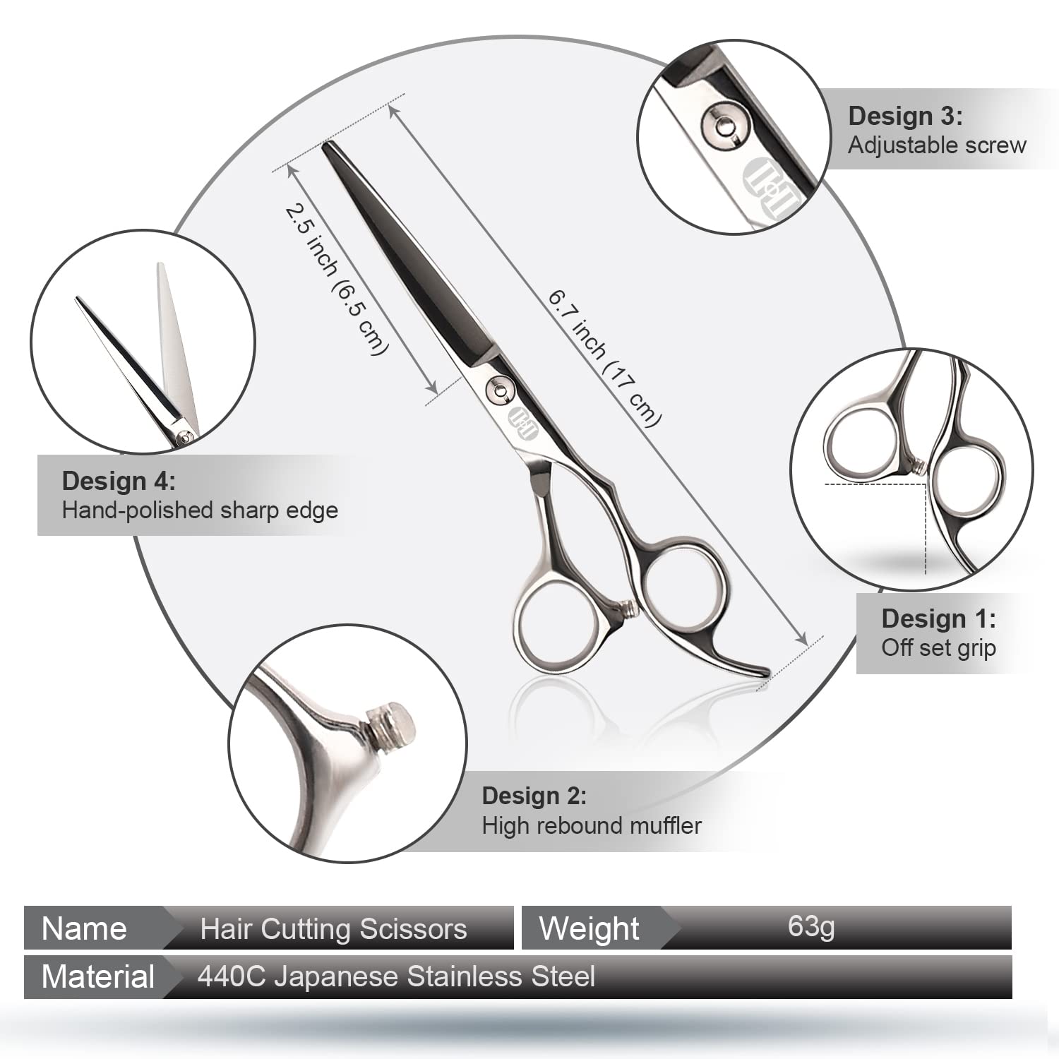 CIICII hair cutting scissors ergonomic-offset handle reduces hand fatigue during longer grooming sessions.