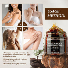 Cijikos Morocco Black Soap detail emphasizes deep cleanse and moisturized complexion.