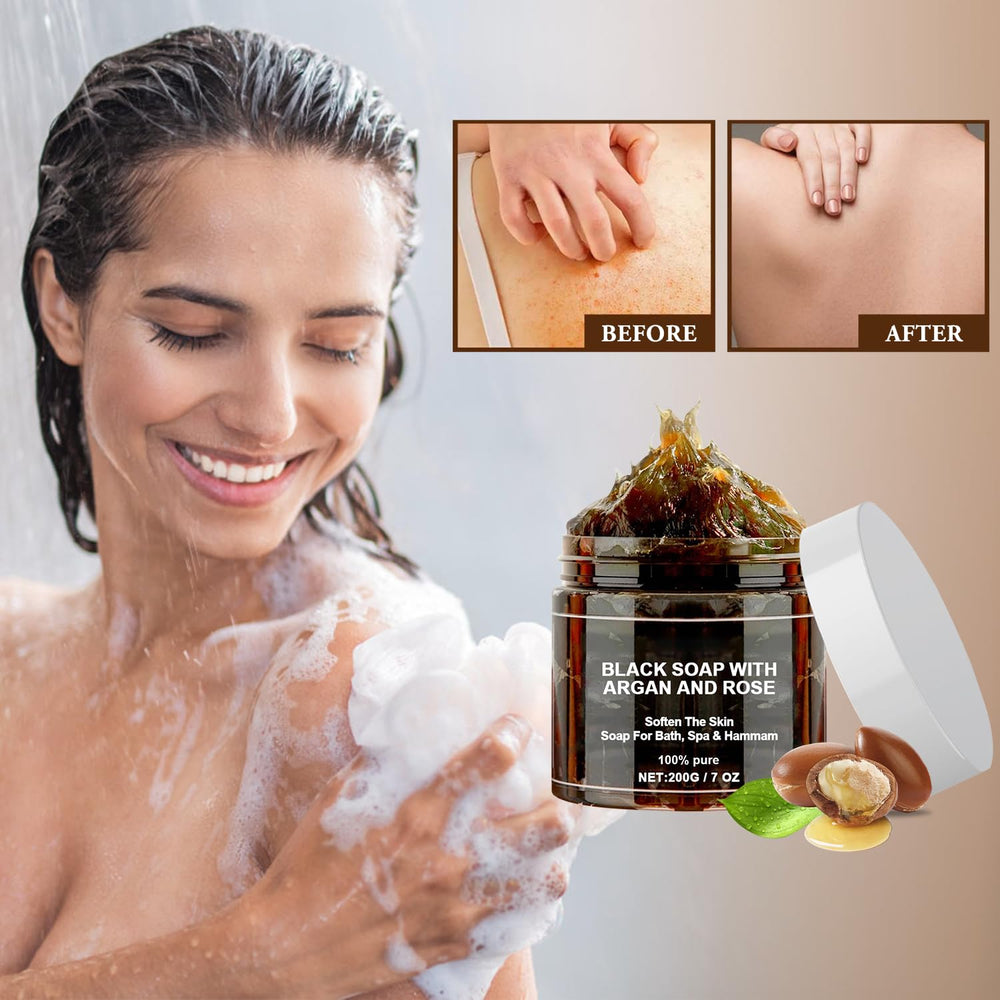 Cijikos Morocco Black Soap glove-exfoliation shows gentle scrubbing for smoother skin.