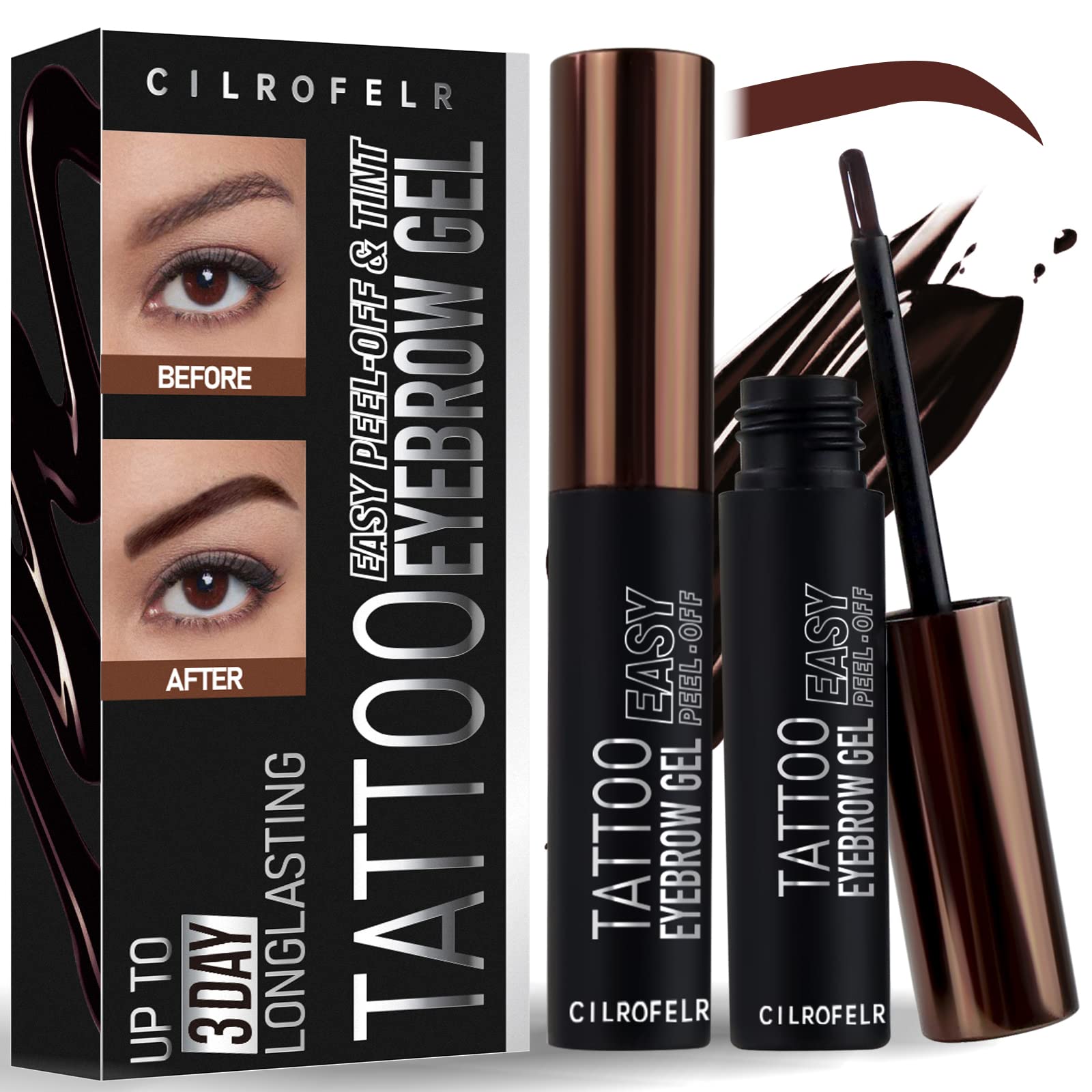 Cilrofelr Tattoo Brow Gel bottle with warm brown tint for easy at-home tinting.