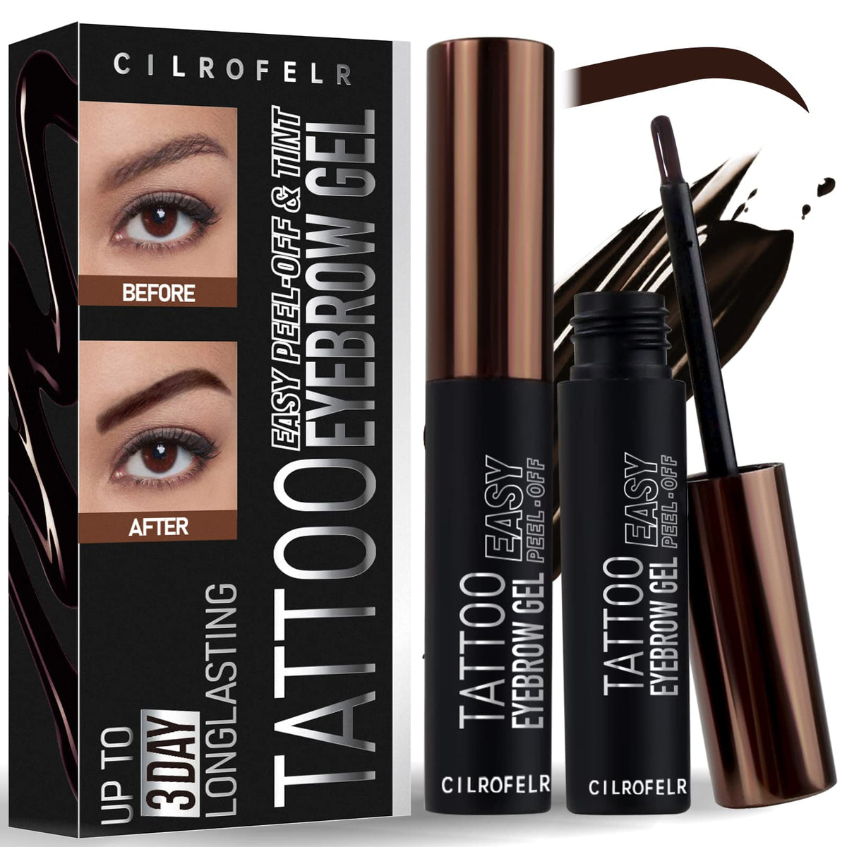 Cilrofelr tattoo peel eyebrow gel bottle shows compact packaging for easy at-home tint