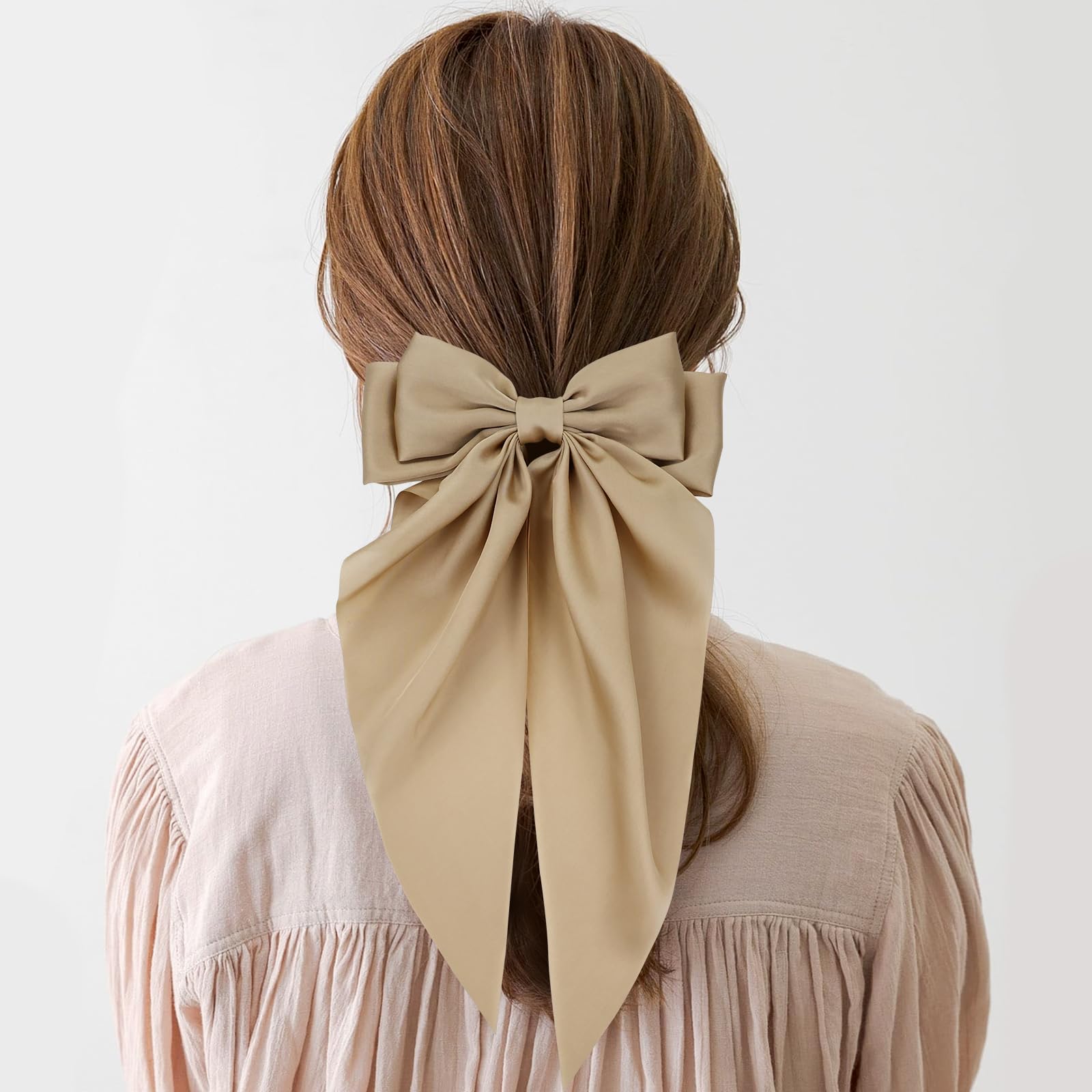 Cinaci satin bow clip in khaki ready for casual chic hairstyles
