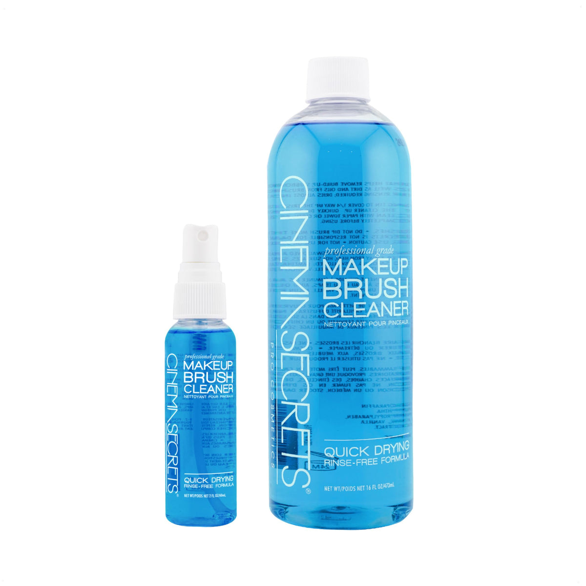Cinema Secrets blue vanilla brush cleaner bottle pouring to show quick-dry action for brushes.