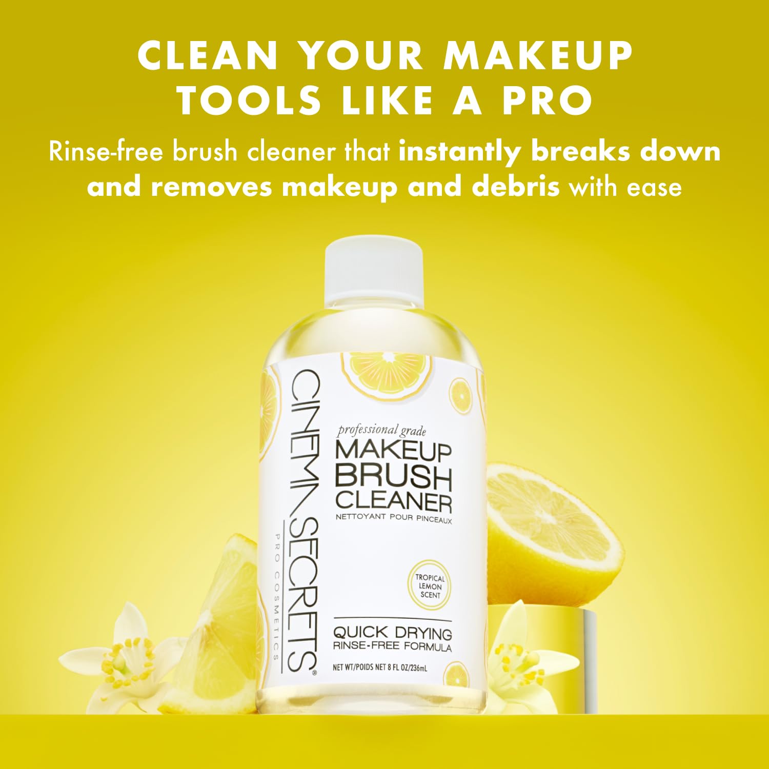 Cinema Secrets deep-clean dissolves waterproof makeup on natural and synthetic brushes.